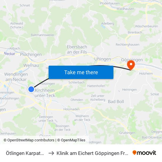 Ötlingen Karpatenweg to Klinik am Eichert Göppingen Frauenklinik map