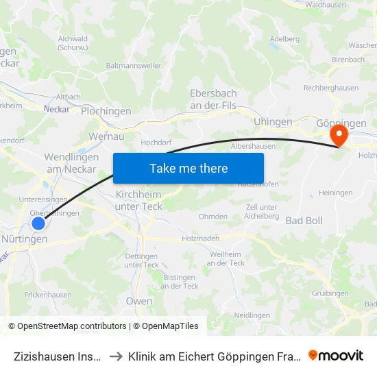 Zizishausen Inselbad to Klinik am Eichert Göppingen Frauenklinik map