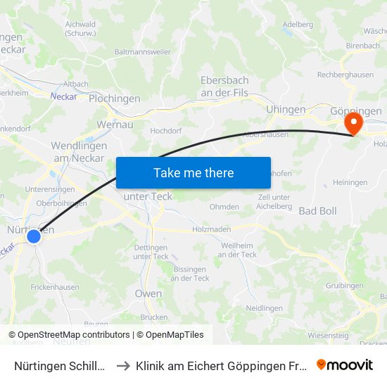 Nürtingen Schillerplatz to Klinik am Eichert Göppingen Frauenklinik map