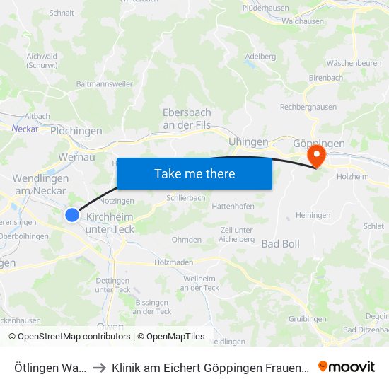Ötlingen Warth to Klinik am Eichert Göppingen Frauenklinik map