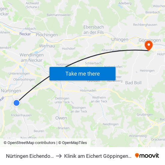 Nürtingen Eichendorffstraße to Klinik am Eichert Göppingen Frauenklinik map