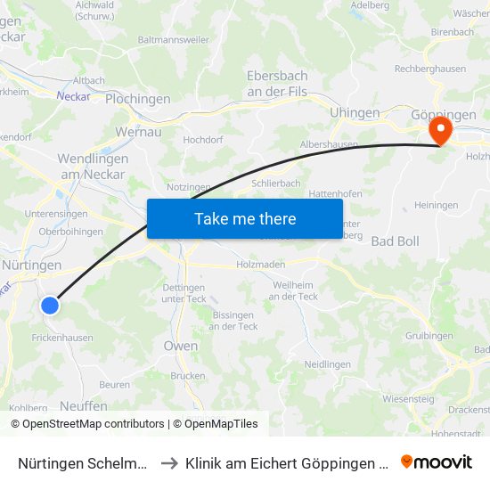 Nürtingen Schelmenwasen to Klinik am Eichert Göppingen Frauenklinik map