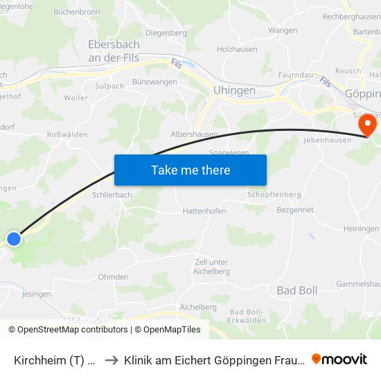 Kirchheim (T) Wald to Klinik am Eichert Göppingen Frauenklinik map