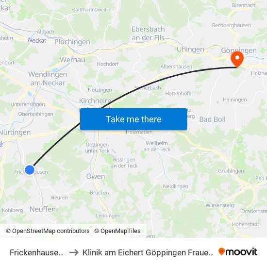 Frickenhausen Bf to Klinik am Eichert Göppingen Frauenklinik map