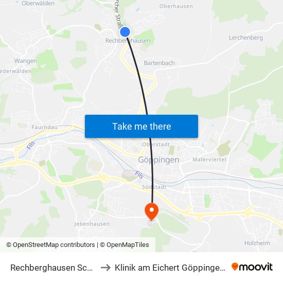 Rechberghausen Schlossmarkt to Klinik am Eichert Göppingen Frauenklinik map