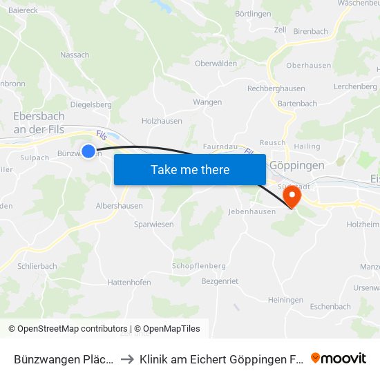 Bünzwangen Pläckertstr. to Klinik am Eichert Göppingen Frauenklinik map