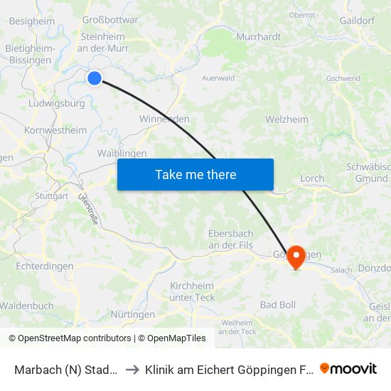 Marbach (N) Stadionhalle to Klinik am Eichert Göppingen Frauenklinik map