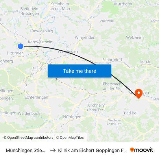 Münchingen Stiegelplatz to Klinik am Eichert Göppingen Frauenklinik map
