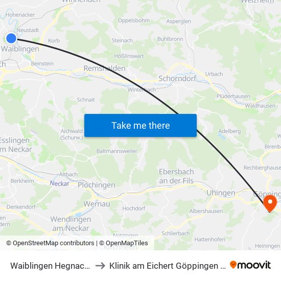 Waiblingen Hegnacher Höhe to Klinik am Eichert Göppingen Frauenklinik map
