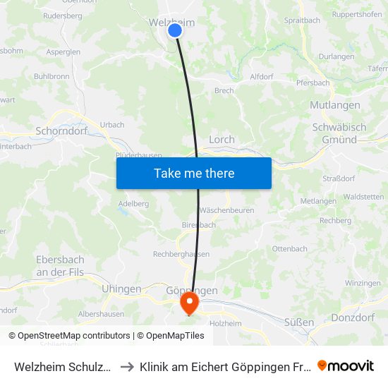 Welzheim Schulzentrum to Klinik am Eichert Göppingen Frauenklinik map
