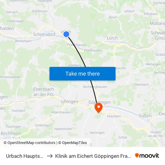 Urbach Hauptstraße to Klinik am Eichert Göppingen Frauenklinik map