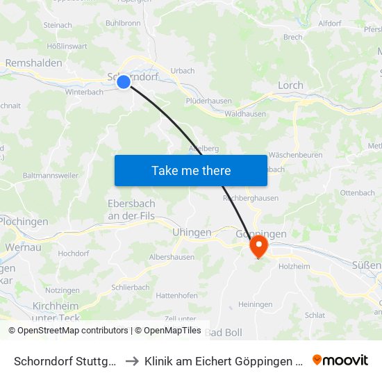 Schorndorf Stuttgarter Str. to Klinik am Eichert Göppingen Frauenklinik map