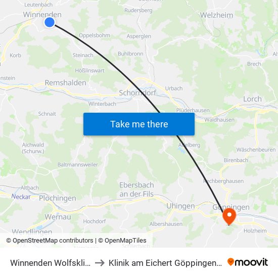 Winnenden Wolfsklingenweg to Klinik am Eichert Göppingen Frauenklinik map