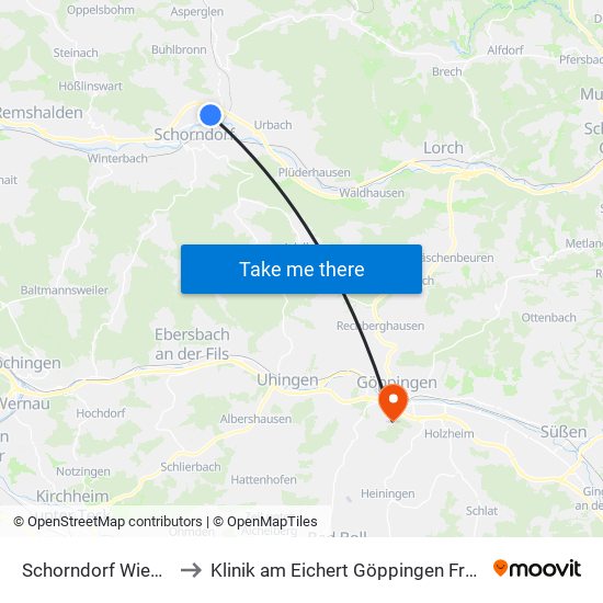 Schorndorf Wiesenstr. to Klinik am Eichert Göppingen Frauenklinik map