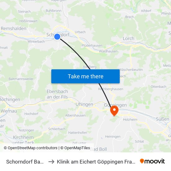 Schorndorf Bahnhof to Klinik am Eichert Göppingen Frauenklinik map