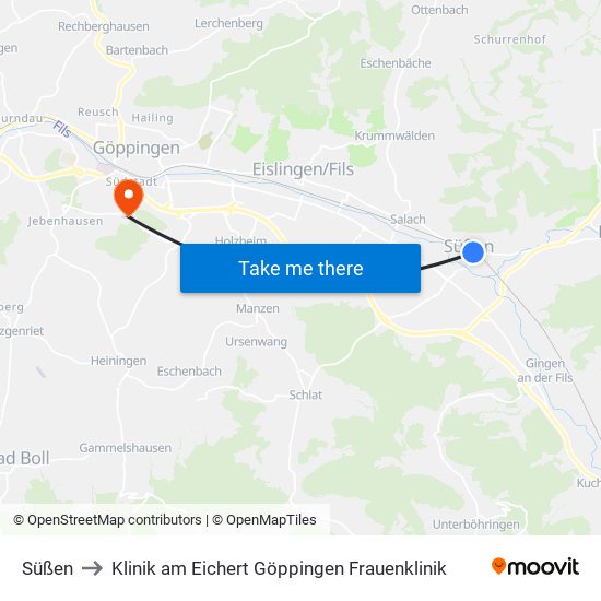 Süßen to Klinik am Eichert Göppingen Frauenklinik map