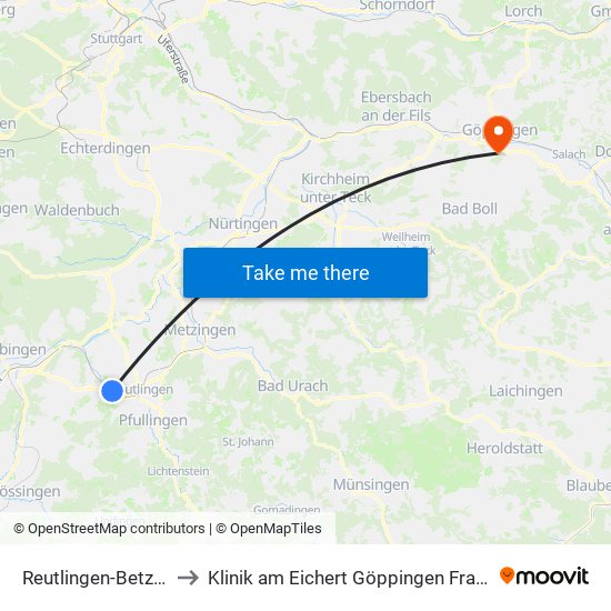 Reutlingen-Betzingen to Klinik am Eichert Göppingen Frauenklinik map