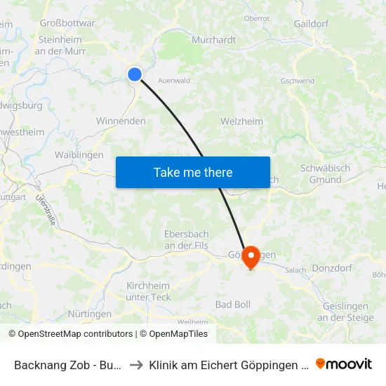 Backnang Zob - Bussteig 1a to Klinik am Eichert Göppingen Frauenklinik map