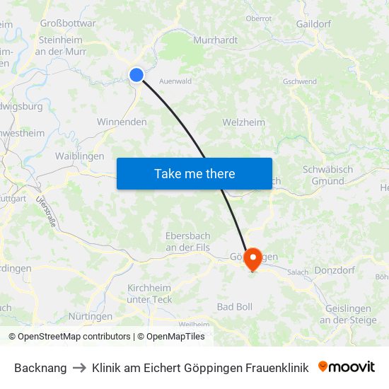 Backnang to Klinik am Eichert Göppingen Frauenklinik map