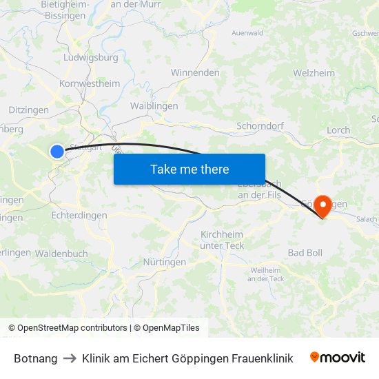 Botnang to Klinik am Eichert Göppingen Frauenklinik map