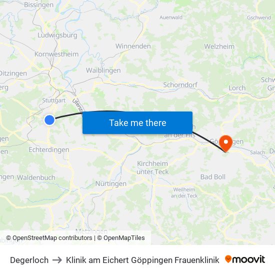 Degerloch to Klinik am Eichert Göppingen Frauenklinik map