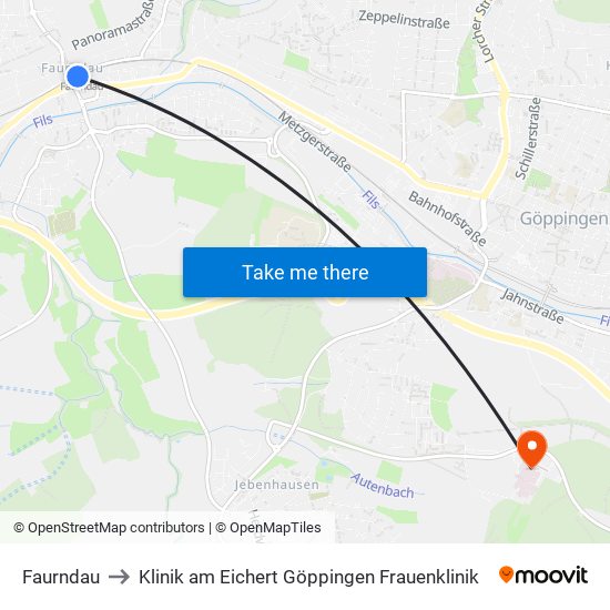 Faurndau to Klinik am Eichert Göppingen Frauenklinik map