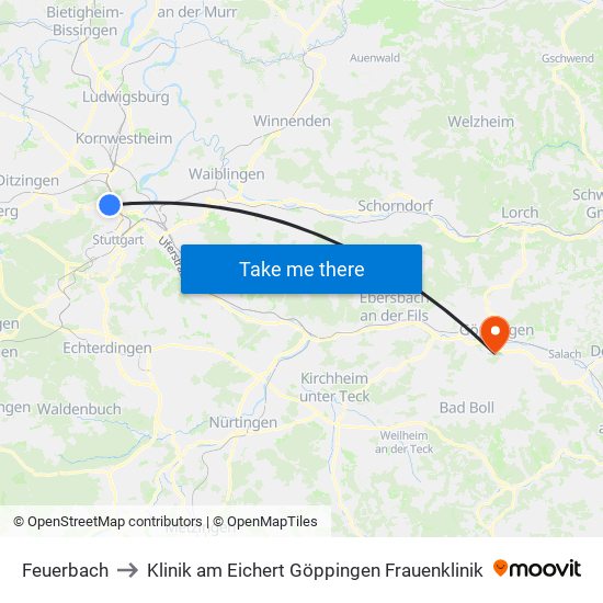 Feuerbach to Klinik am Eichert Göppingen Frauenklinik map