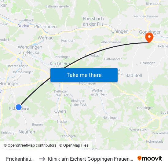 Frickenhausen to Klinik am Eichert Göppingen Frauenklinik map
