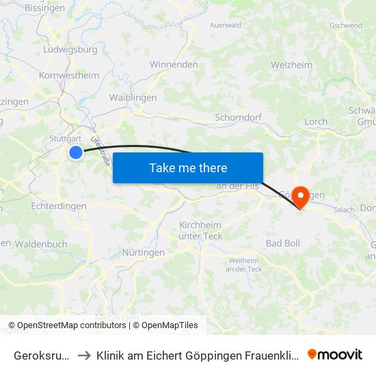 Geroksruhe to Klinik am Eichert Göppingen Frauenklinik map