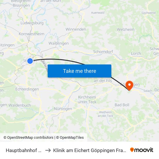 Hauptbahnhof (Tief) to Klinik am Eichert Göppingen Frauenklinik map