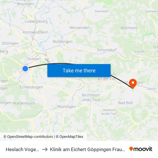 Heslach Vogelrain to Klinik am Eichert Göppingen Frauenklinik map