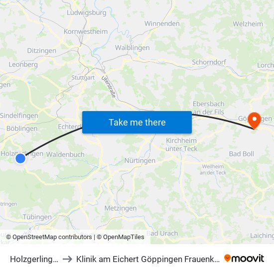 Holzgerlingen to Klinik am Eichert Göppingen Frauenklinik map