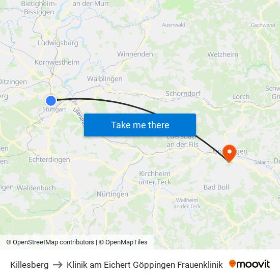 Killesberg to Klinik am Eichert Göppingen Frauenklinik map