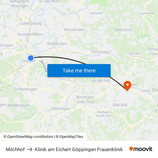 Milchhof to Klinik am Eichert Göppingen Frauenklinik map