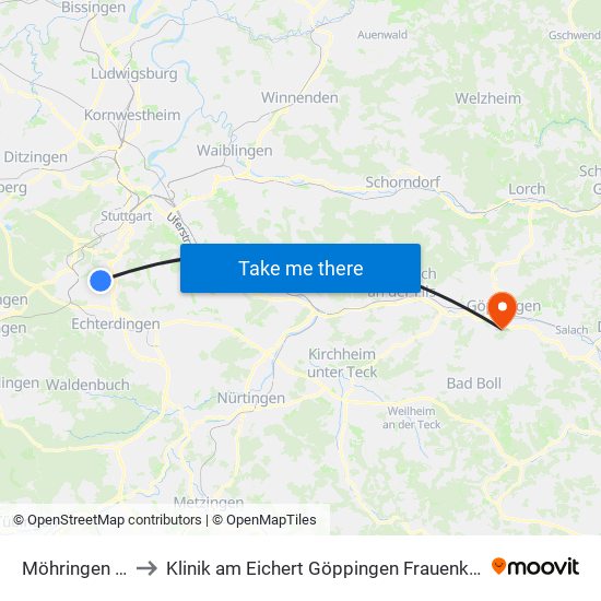 Möhringen Bf to Klinik am Eichert Göppingen Frauenklinik map