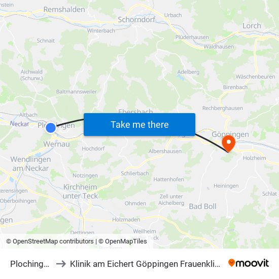Plochingen to Klinik am Eichert Göppingen Frauenklinik map