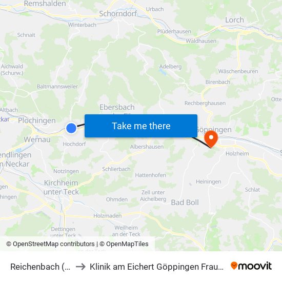 Reichenbach (Fils) to Klinik am Eichert Göppingen Frauenklinik map