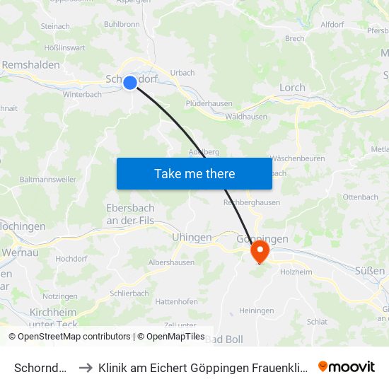 Schorndorf to Klinik am Eichert Göppingen Frauenklinik map