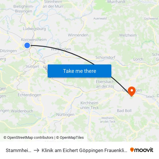 Stammheim to Klinik am Eichert Göppingen Frauenklinik map