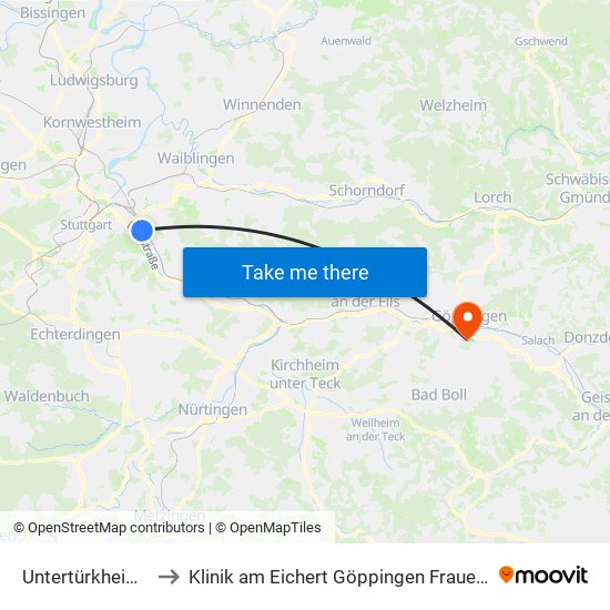 Untertürkheim Bf to Klinik am Eichert Göppingen Frauenklinik map