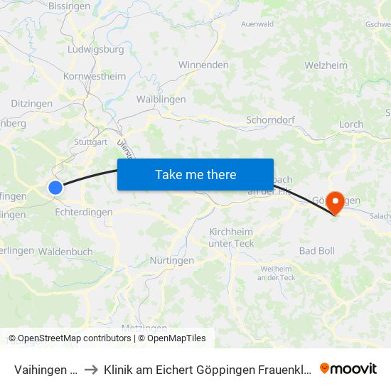 Vaihingen Bf to Klinik am Eichert Göppingen Frauenklinik map