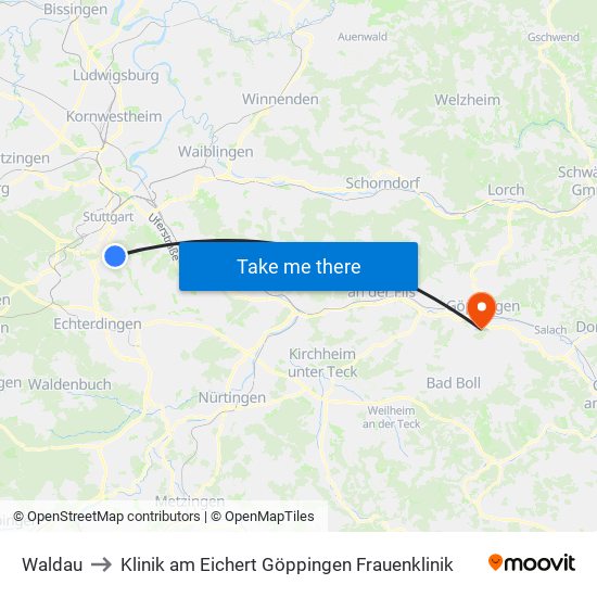 Waldau to Klinik am Eichert Göppingen Frauenklinik map