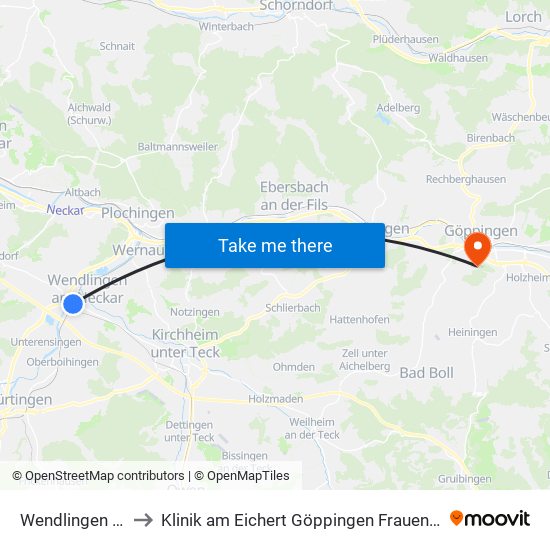 Wendlingen (N) to Klinik am Eichert Göppingen Frauenklinik map