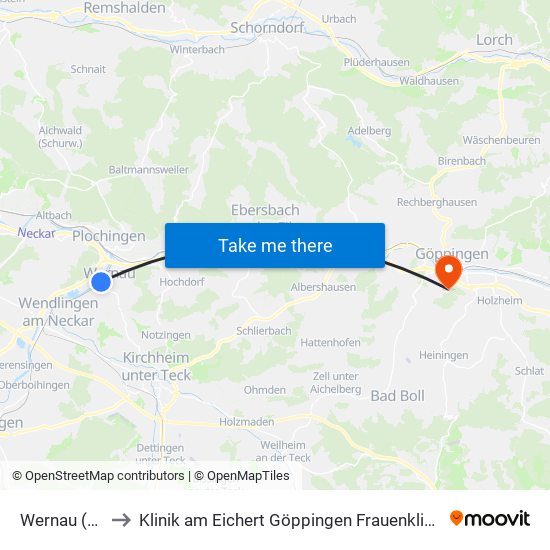 Wernau (N) to Klinik am Eichert Göppingen Frauenklinik map