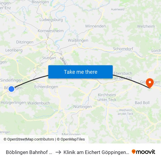 Böblingen Bahnhof (Flugfeld) to Klinik am Eichert Göppingen Frauenklinik map