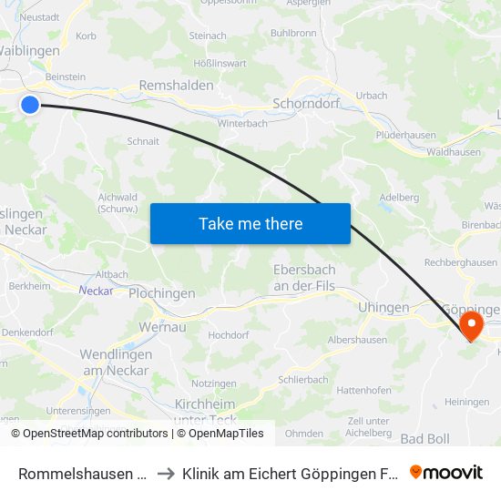 Rommelshausen Karlstr. to Klinik am Eichert Göppingen Frauenklinik map