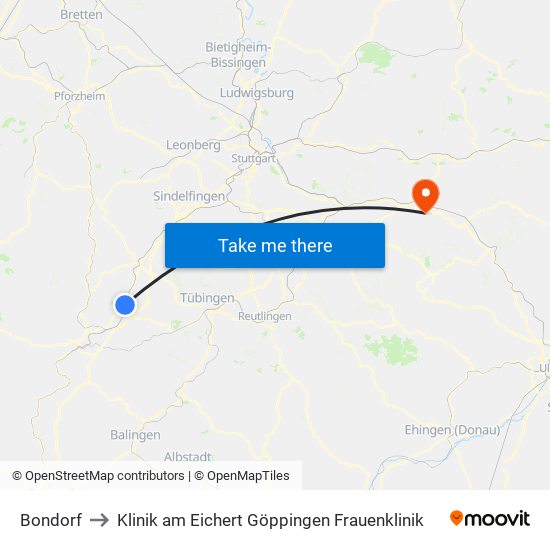 Bondorf to Klinik am Eichert Göppingen Frauenklinik map
