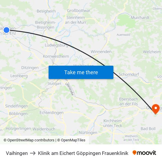 Vaihingen to Klinik am Eichert Göppingen Frauenklinik map