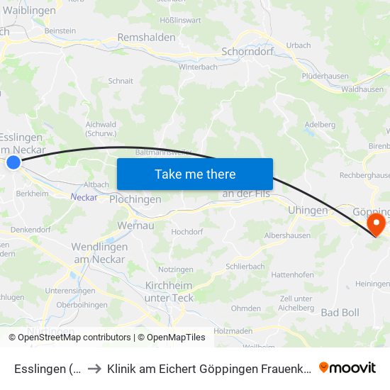 Esslingen (N) to Klinik am Eichert Göppingen Frauenklinik map