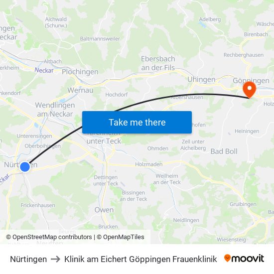 Nürtingen to Klinik am Eichert Göppingen Frauenklinik map